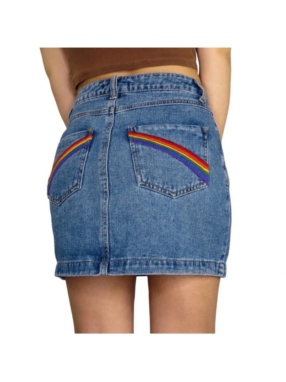 Forever 21 Blue Denim Mini Skirt with Rainbow Pocket Trim Sz Small